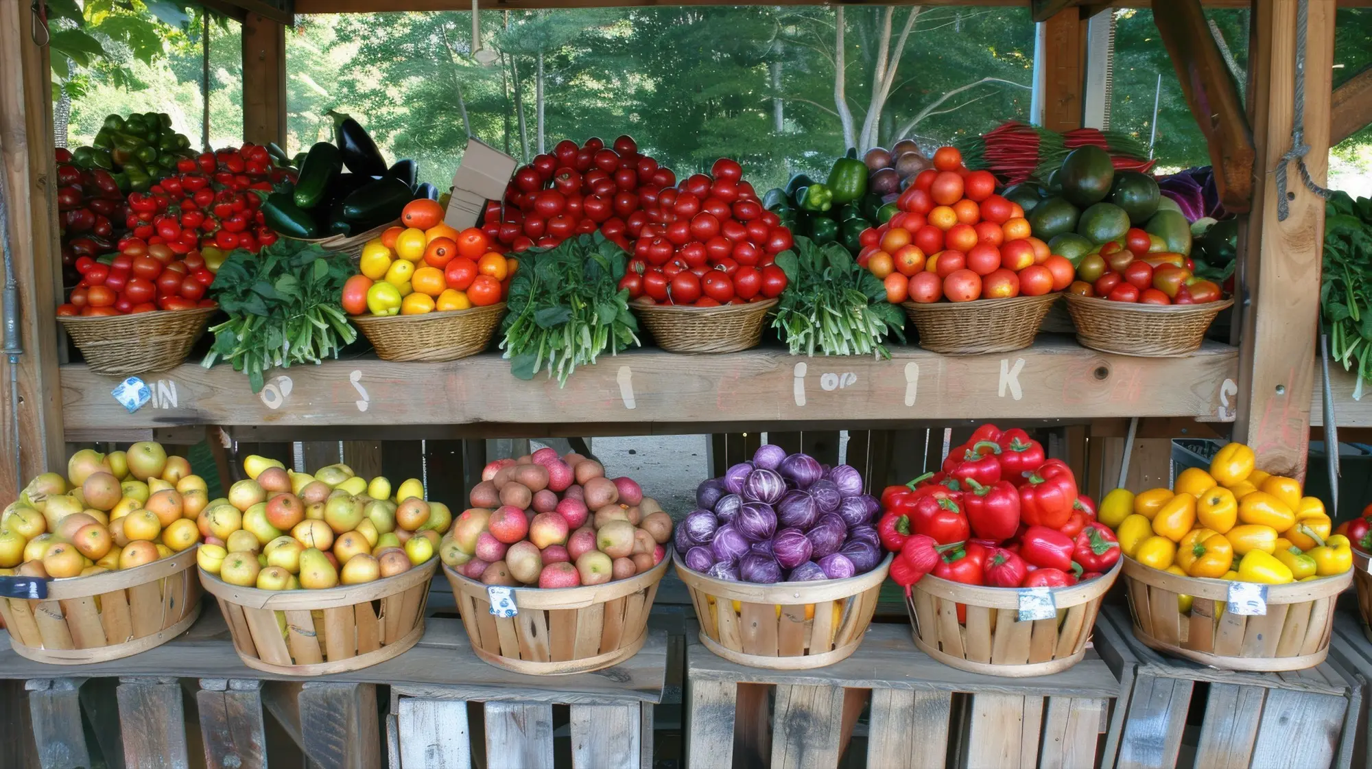 Bauernmarktstand mit bunter Auswahl an frischem Obst und Gemüse in Körben