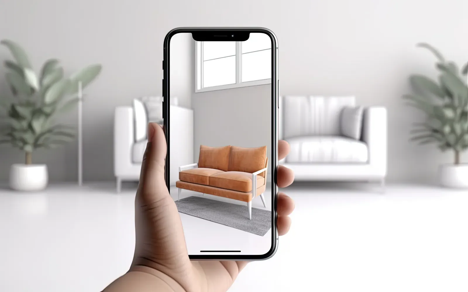 Hand mit Smartphone, das eine virtuelle Wohnzimmer-Visualisierung zeigt